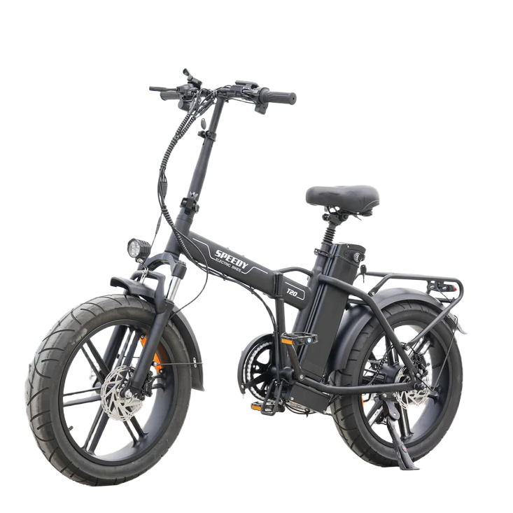 Een zwarte, opvouwbare elektrische fatbike met dikke banden, een krachtige motor van 250 W, voorvering, een bagagedrager achterop en een 48V-accu, waarop de merknaam QMWHEEL prominent op het frame staat vermeld. Dit model is de FATBIKE Q30 / T20 - 20 INCH – MODEL 2025, voorzien van een alarmsysteem en hydraulische remmen, afgebeeld tegen een witte achtergrond.