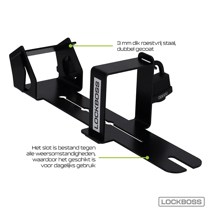 Hier is de aangepaste zin met jouw productgegevens: Het LOCKBOSS BATTERIJSLOT VOOR FATBIKE V20 & V20 PRO – VEILIG FIETSSLOT VOOR ACCU is een zwarte stalen houder van het merk Lockboss, vervaardigd uit 3 mm dik, dubbel gecoat roestvrij staal voor verbeterde weersbestendigheid en dagelijkse duurzaamheid. Ontworpen voor extra accubeveiliging op fatbikes, is hij uitgerust met de LockBoss L2 en voorzien van een bevestigd hangslot voor betrouwbare bescherming.