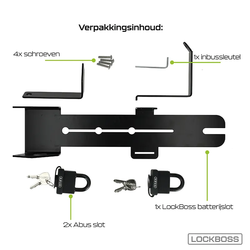 De inhoud van het LOCKBOSS BATTERIJSLOT VOOR FATBIKE V20 & V20 PRO-pakket bestaat uit: 4 schroeven, 1 inbussleutel, een zwarte montagebeugel, 2 Abus-hangsloten (elk met 2 sleutels) en 1 Lockboss-batterijslot voor optimale beveiliging van de accu op fatbikes. De artikelen zijn in het Nederlands geëtiketteerd.