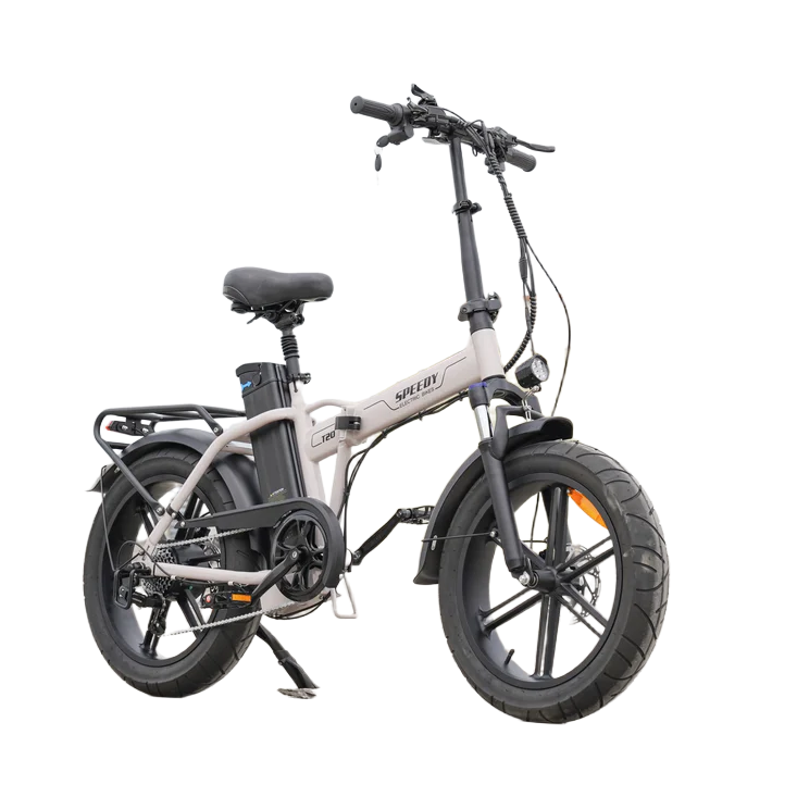 Een QMWHEEL FATBIKE Q30 / T20 - 20 inch – model 2025 wordt afgebeeld tegen een witte achtergrond, met een grijs opvouwbaar frame, dikke banden, hydraulische remmen, spatborden voor en achter, een bagagedrager achterop en een zichtbare 48V-accu die achter het zadel is gemonteerd.