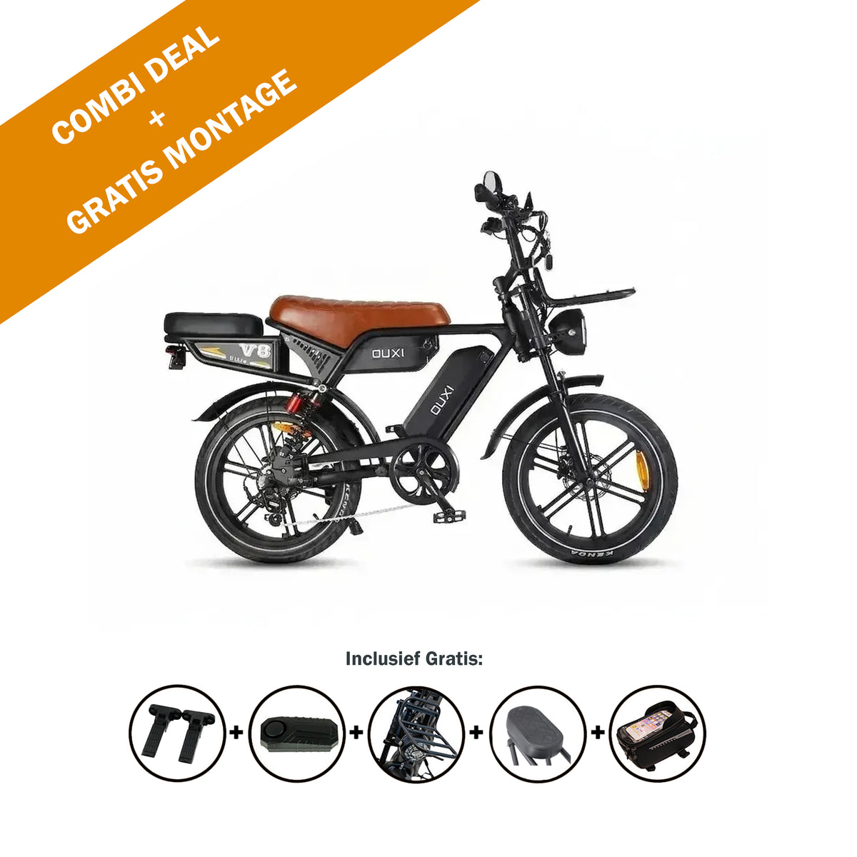 Combi-aanbieding: Elektrische fatbike OUXI V8 ULTRA MAX – MODEL 2026 met bruin zadel en gratis montage. Dit model van OUXI wordt getoond met pictogrammen die de meegeleverde accessoires benadrukken: handvatten, telefoonhouder, accu, zadel en antidiefstalslot. Verkrijgbaar met dubbele accu en voorzien van hydraulische remmen.