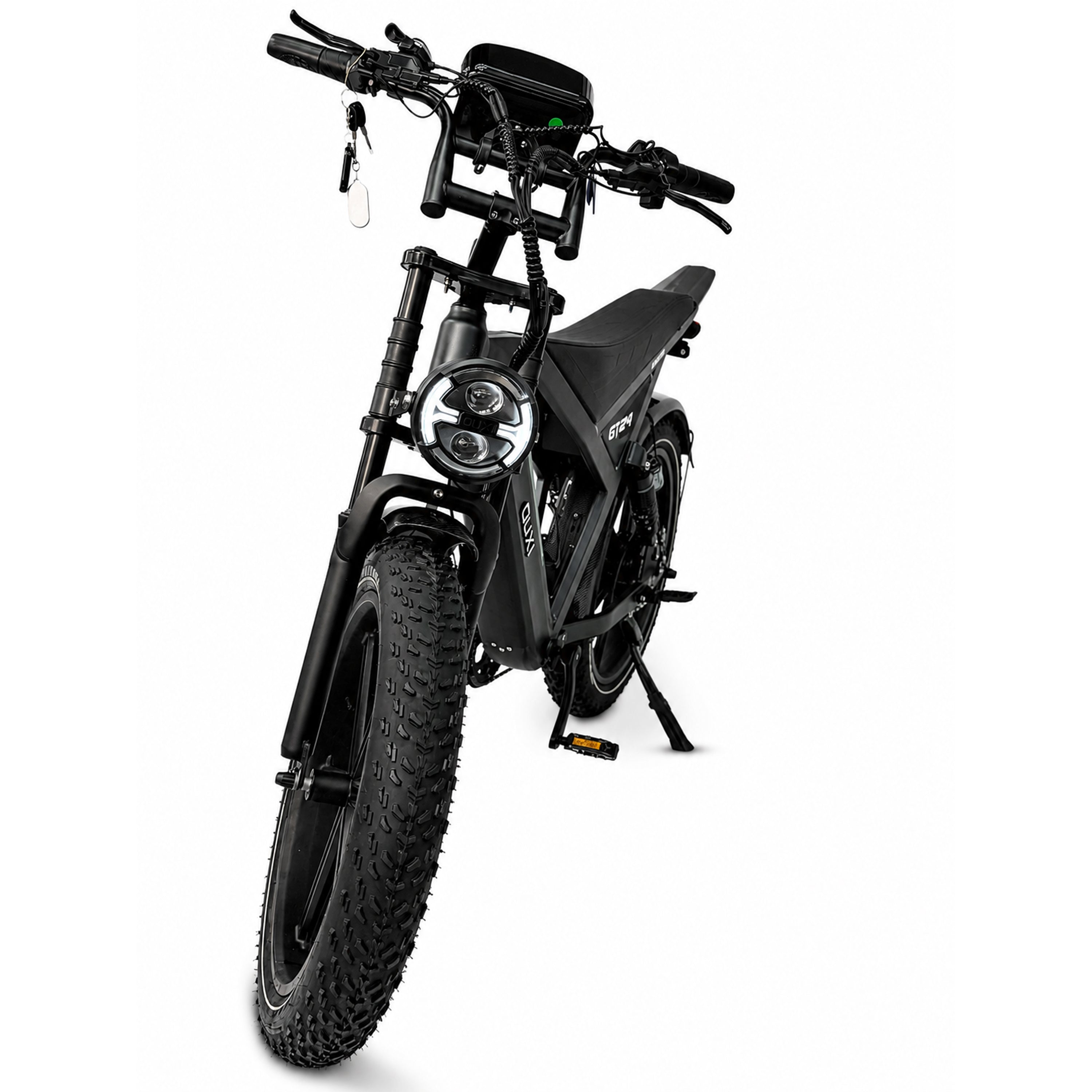 De OUXI FATBIKE OUXI GT24 – MODEL 2026, een strakke zwarte elektrische fatbike uitgerust met 24-inch dikke banden, hydraulische remmen, een alarmsysteem, een ronde koplamp, achteruitkijkspiegels en een compact frame, wordt van voren afgebeeld tegen een witte achtergrond.