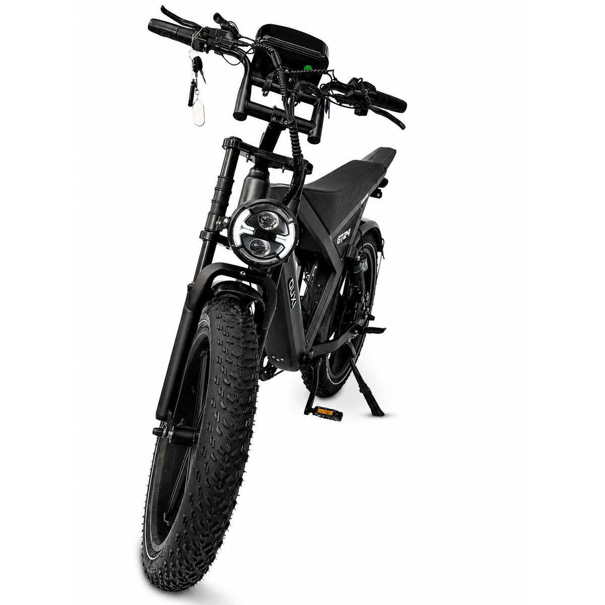 De OUXI FATBIKE OUXI GT24 – MODEL 2026, een strakke zwarte elektrische fatbike uitgerust met 24-inch dikke banden, hydraulische remmen, een alarmsysteem, een ronde koplamp, achteruitkijkspiegels en een compact frame, wordt van voren afgebeeld tegen een witte achtergrond.