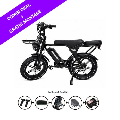 De zwarte OUXI FATBIKE V8 (C80) – MODEL 2026 met dikke banden wordt afgebeeld tegen een witte achtergrond. Op een paarse banner staat „COMBI-AANBIEDING + GRATIS MONTAGE”. Pictogrammen eronder geven aan dat gratis accessoires, waaronder een slot, een telefoonhouder en een zadel, bij de levering zijn inbegrepen. Deze e-bike van OUXI is voorzien van krachtige hydraulische remmen en een alarmsysteem voor meer veiligheid en controle.