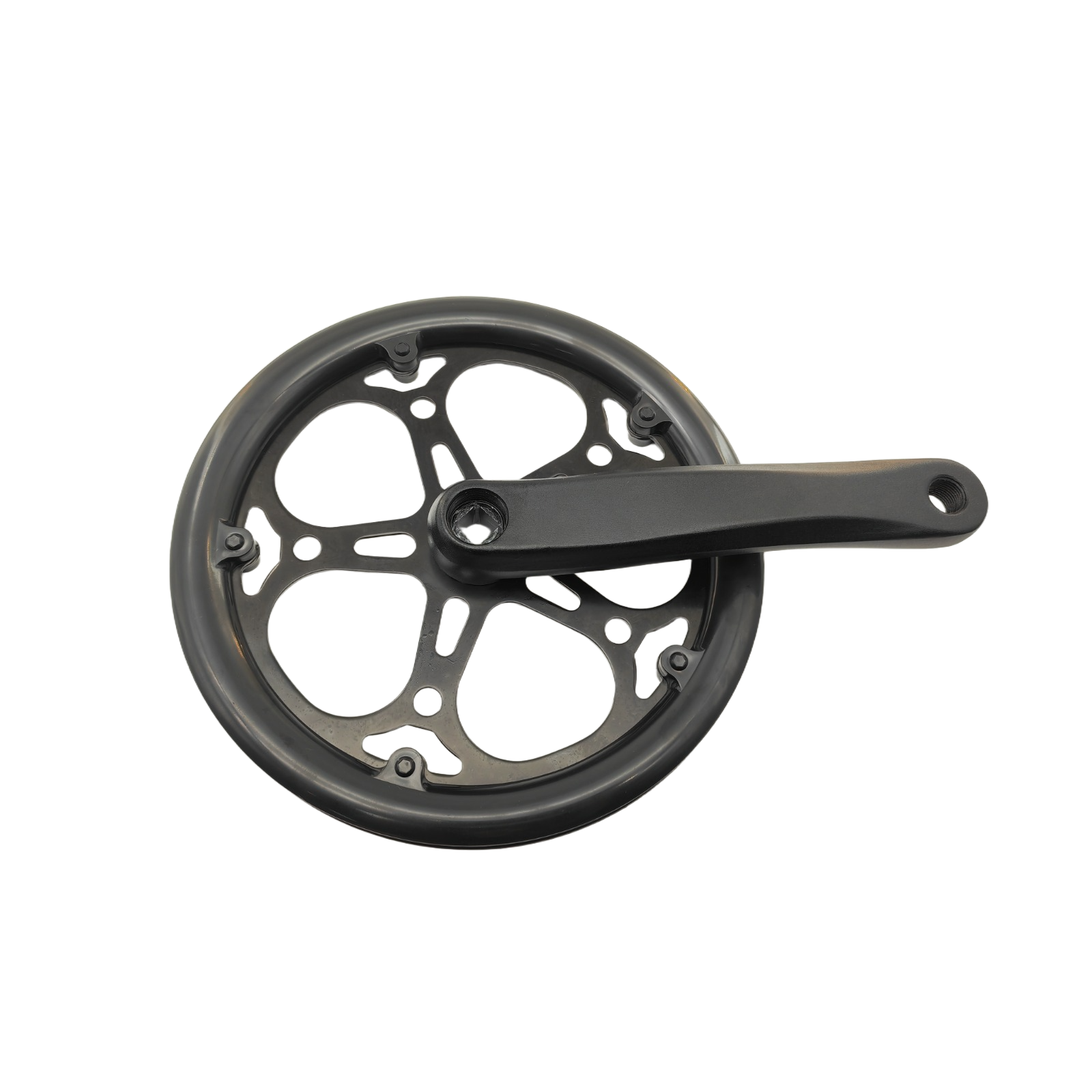 Een zwarte 7GO - EB16 MINI - CRANKSET van het merk 7GO, bestaande uit één crankarm en een kettingblad, afgebeeld tegen een witte achtergrond – ideaal voor wie een onderdeel van zijn 7GO-fatbike wil vervangen of upgraden.