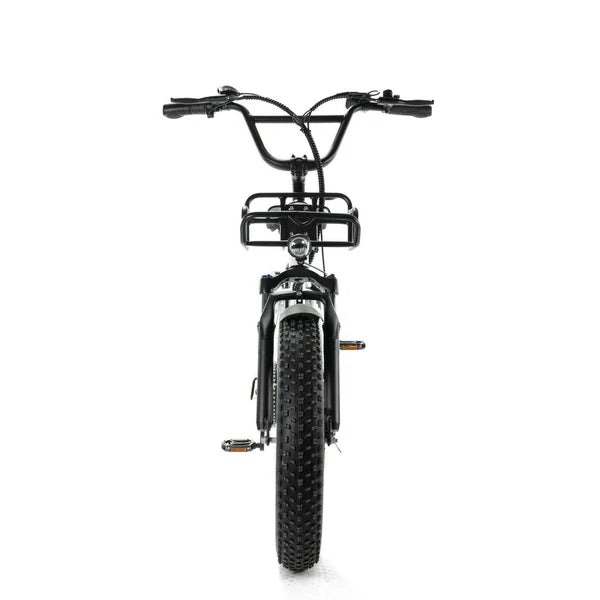 Vooraanzicht van de ENGWE L20 – FATBIKE van ENGWE, met een dikke, noppenband aan de voorkant, een hoog stuur en een compacte bagagedrager boven het voorwiel – dit alles tegen een effen witte achtergrond.