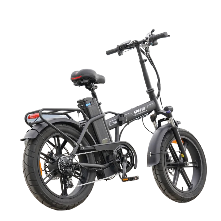 Een zwarte elektrische fatbike, de QMWHEEL FATBIKE Q30 / T20 – 20 INCH – MODEL 2025, staat afgebeeld op een witte achtergrond. De fiets heeft dikke banden, een motor van 250 W en een 48V-accu die onder het zadel is gemonteerd. Dit model is uitgerust met een alarmsysteem en hydraulische remmen en beschikt bovendien over een bagagedrager achter, spatborden voor en achter, en de merknaam QMWHEEL die prominent op het frame is aangebracht.