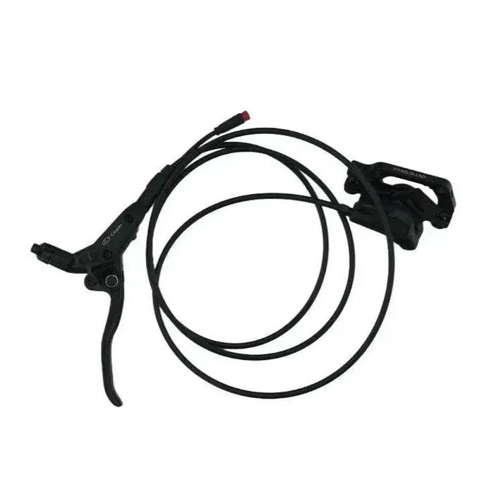 QMWHEEL/OUXI LOGAN - REM RECHTS (HYDRAULISCH) - ORIGINELE hydraulische schijfremset met remhendel, remslang en remklauw, opgerold in een lus en afgebeeld tegen een witte achtergrond — perfect voor fatbike-liefhebbers die op zoek zijn naar betrouwbare hydraulische remmen.