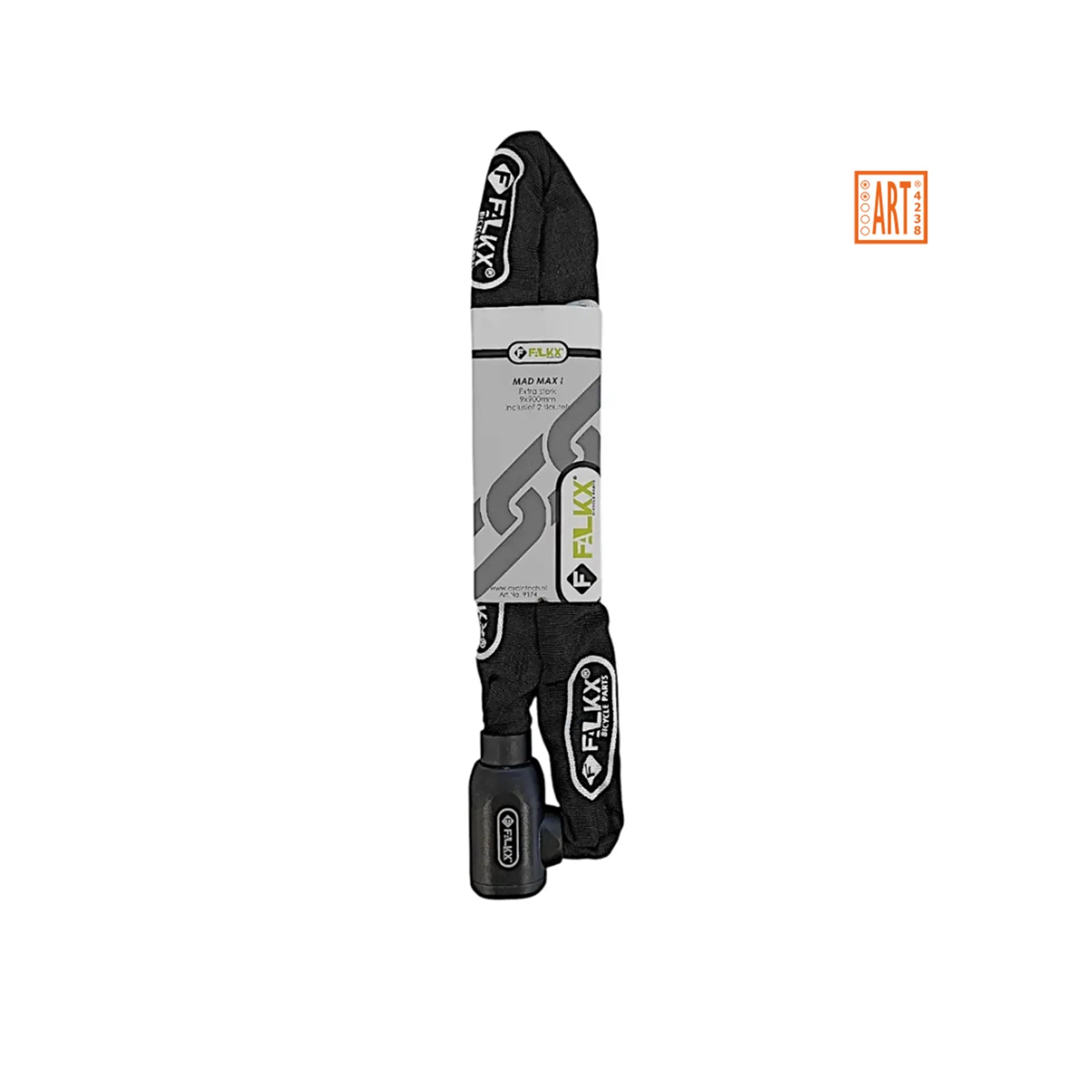 Een zwart FALKX Mad Max II-kettingslot (9x1100 mm) met een beschermhoes van nylon en ART**-certificering wordt verticaal tegen een witte achtergrond afgebeeld. In de rechterbovenhoek is een oranje ART2-certificeringslogo te zien, vergelijkbaar met de logo’s op andere Falkx-producten.
