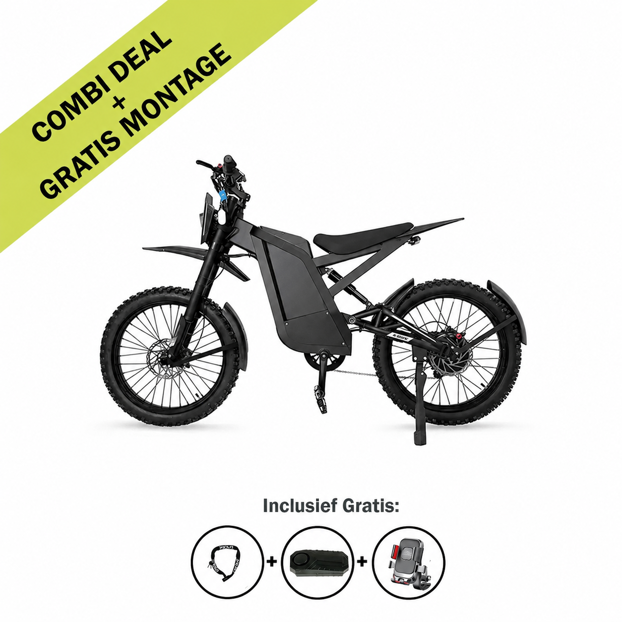 Te zien is de zwarte FATBIKE OUXI GT2000 CROSS – OFFROADFIETS – MODEL 2026 met een geel spandoek waarop staat: “Combi-aanbieding + gratis montage.” Deze OUXI-fatbike beschikt over een robuuste motor van 2000 W, hydraulische remmen en een geïntegreerd alarmsysteem. Onder de fiets staan pictogrammen die aangeven welke gratis accessoires bij de fiets worden geleverd: een helm, een slot en een fietstas.