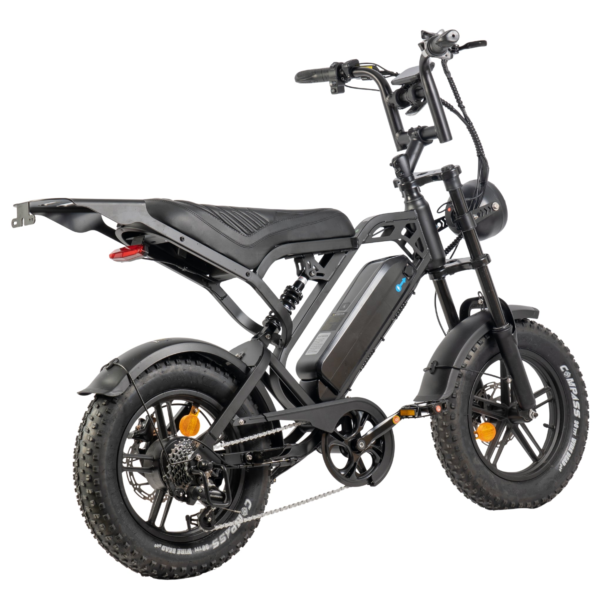 Een achteraanzicht van de QMWHEEL FATBIKE V20 MINI – MODEL 2026, een zwarte fatbike uitgerust met een motor van 250 W, 16-inch fatbanden, hydraulische remmen, een alarmsysteem, een bagagedrager achter, voorvering en een in het frame gemonteerde accu.