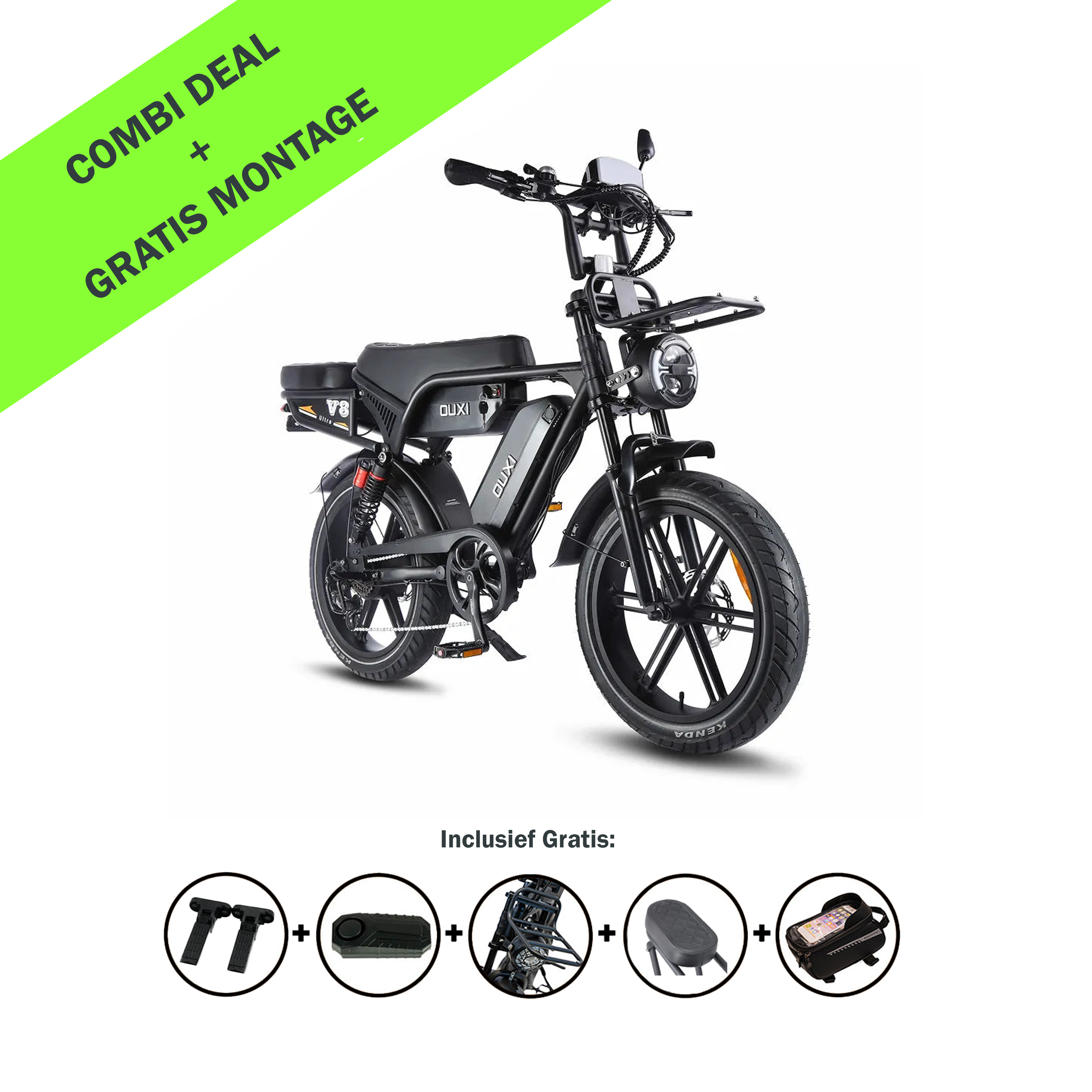 FATBIKE OUXI V8 ULTRA MAX – MODEL 2026 - HYDRAULISCHE REMMEN - DUBBELE ACCU van OUXI, afgebeeld in het zwart op een witte achtergrond, met meegeleverde accessoires – gereedschap, slot, hoes, zadel en een extra artikel – hieronder weergegeven. Op een groene banner linksboven staat: COMBI-AANBIEDING + GRATIS MONTAGE. Dit model beschikt over een krachtige dubbele accu voor extra lange ritten.