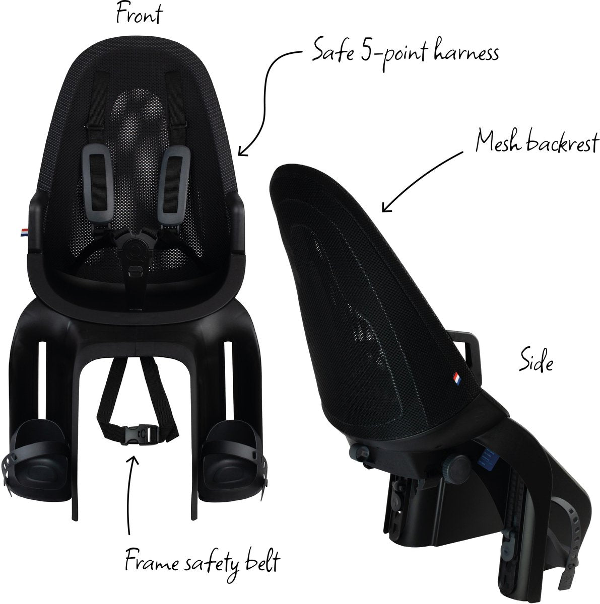 Two views of the Qibbel Air ACHTERZITJE - Q900, a lichtgewicht kinderfiets achterzitje designed for children, featuring a mesh backrest, secure 5-point harness, frame safety belt, and adjustable footrests. Labels indicate the front and side perspectives and highlight key features of this achterzitje.