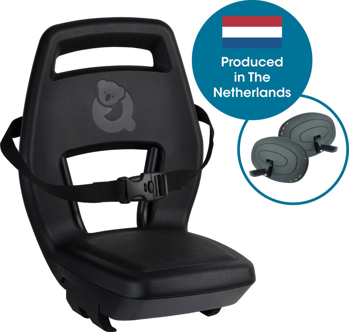 Qibbel ACHTERZITJE “Junior” kinderfietsstoeltje in zwart met veiligheidsgordel, voorzien van het Qibbel-beertje-logo en een ronde, verstelbare hoofdsteun voor extra comfort. De afbeelding toont de verstelbare hoofdsteunen, die de veiligheid van het fietsstoeltje vergroten. In het tekstballonnetje met de Nederlandse vlag staat: Geproduceerd in Nederland.