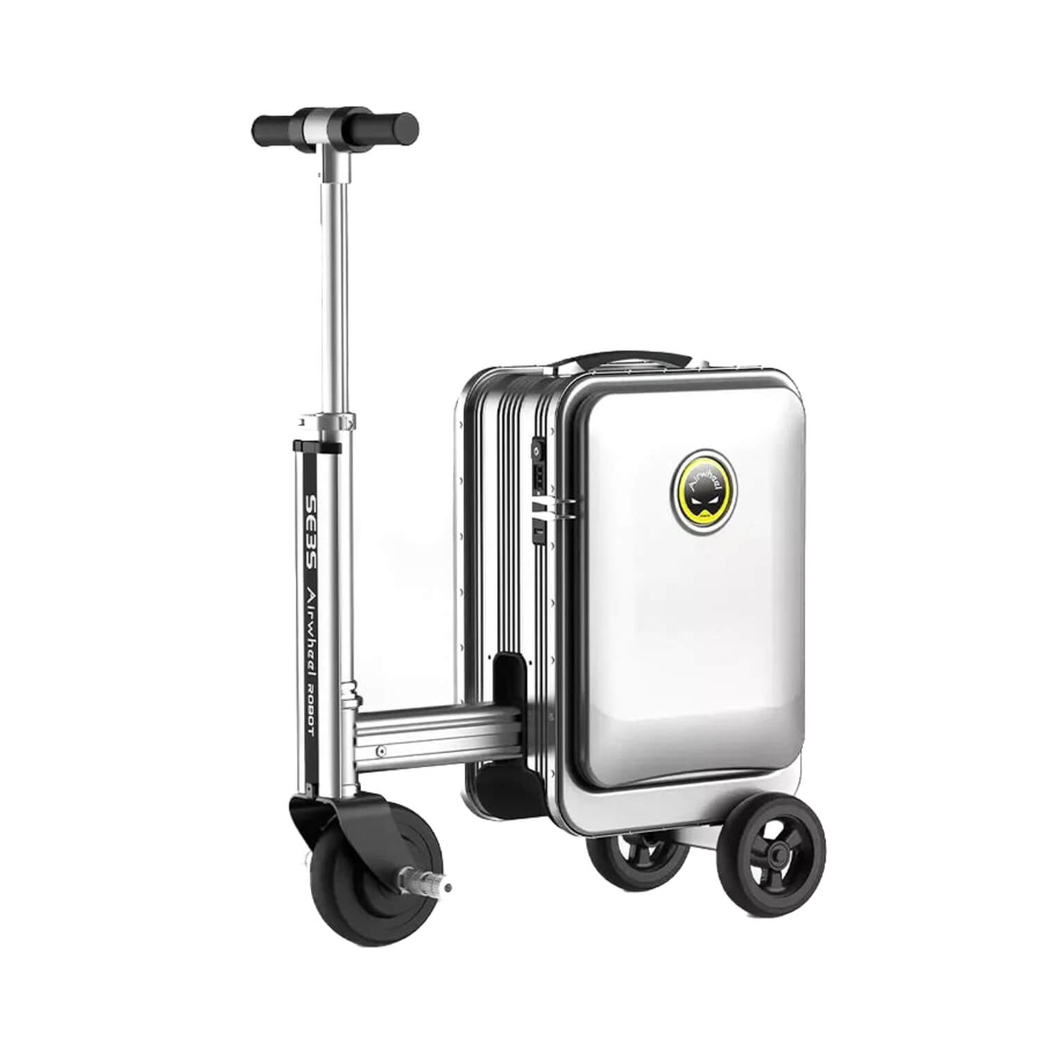 De Airwheel SE3S van AIRWHEELZ is een zilverkleurige, berijdbare koffer met drie wielen en een stuur, die de functies van een koffer en een step naadloos combineert. Deze innovatieve E-Koffer, voorzien van een klein rond display aan de voorkant, fungeert zowel als slimme koffer als elektrische stepkoffer in één – ideaal voor gemakkelijk reizen met handbagage.
