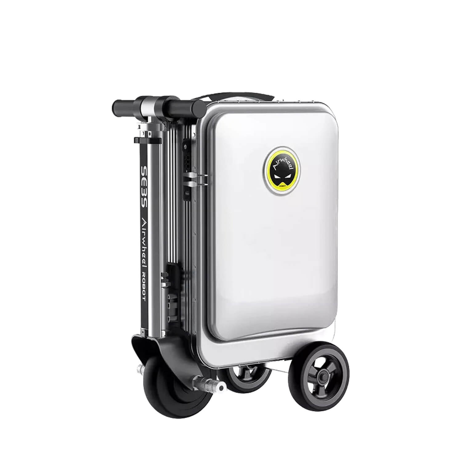 Hier volgt een herschreven versie van de zin op basis van de verstrekte productgegevens: De AIRWHEELZ Airwheel SE3S - Elektrische Koffer is een compacte, zilverkleurige, harde rijbare koffer met ingebouwde wielen en handgreep, ontworpen als opvouwbare e-koffer en slimme handbagage, afgebeeld tegen een witte achtergrond.