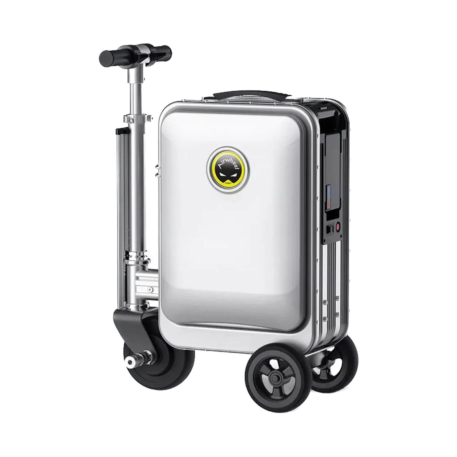 De AIRWHEELZ Airwheel SE3S – Elektrische Koffer is een rijbare koffer met een zilverkleurige afwerking, een stuur, een klein display en drie wielen. Dit maakt deze rijbare koffer tot de ideale e-koffer voor moderne reizigers die op zoek zijn naar gemak in hun handbagage.