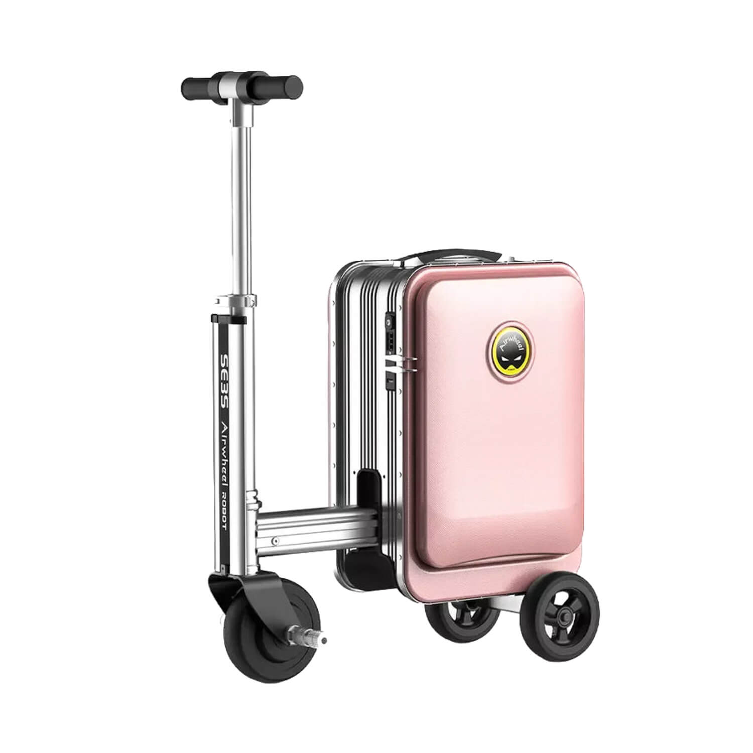 De Airwheel SE3S van AIRWHEELZ is een roze elektrische koffer met harde schaal, een ingebouwd stuur en drie wielen, ontworpen als een berijdbare e-koffer voor handbagage voor comfortabel reizen – ideaal voor iedereen die op zoek is naar een slimme koffer of een rijbare stepkoffer.