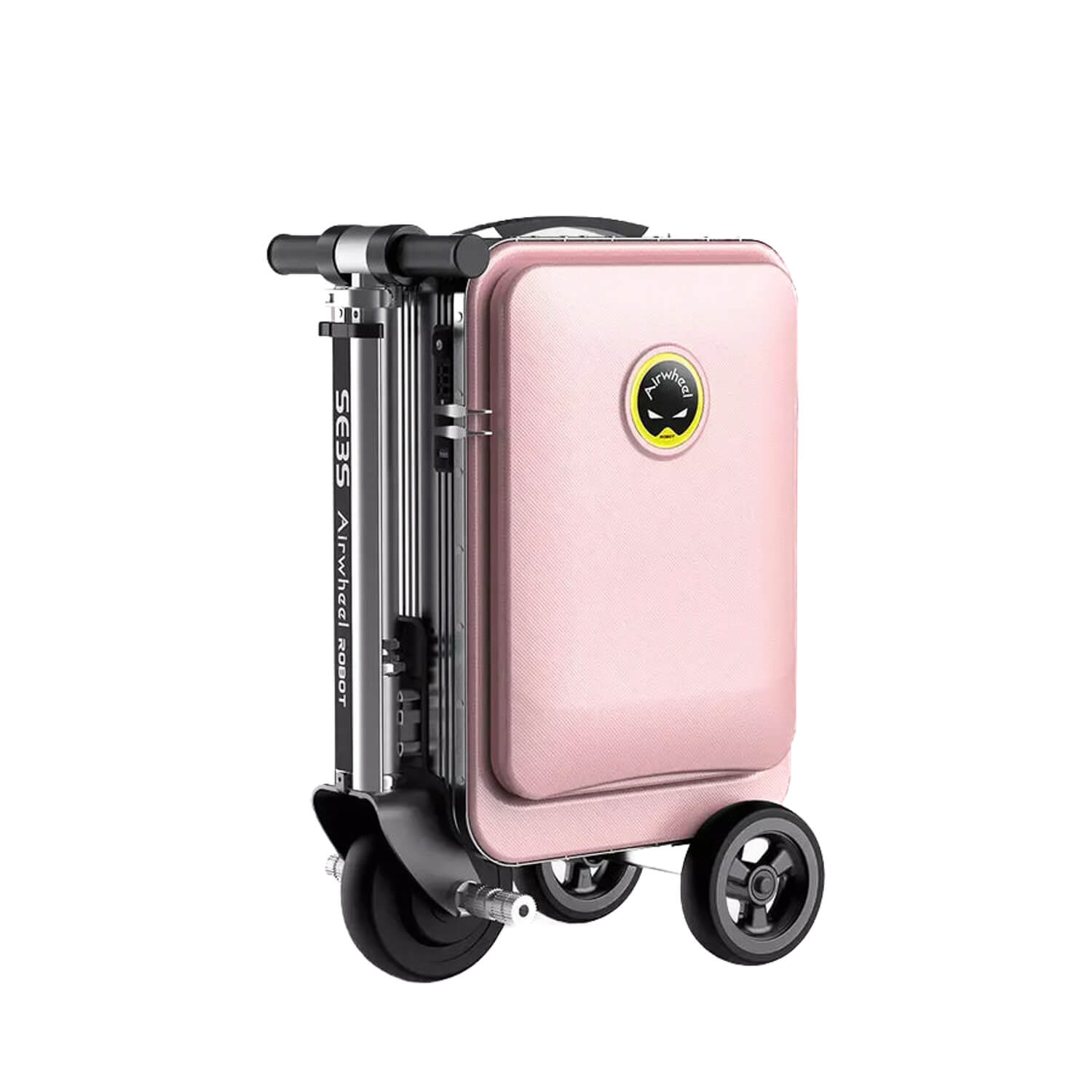 Een roze Airwheel SE3S elektrische koffer van AIRWHEELZ, uitgerust met een ingebouwde step, twee grote wielen en een stuur, staat rechtop tegen een witte achtergrond – waardoor het innovatieve ontwerp van deze rijbare E-koffer voor handbagage perfect tot zijn recht komt.