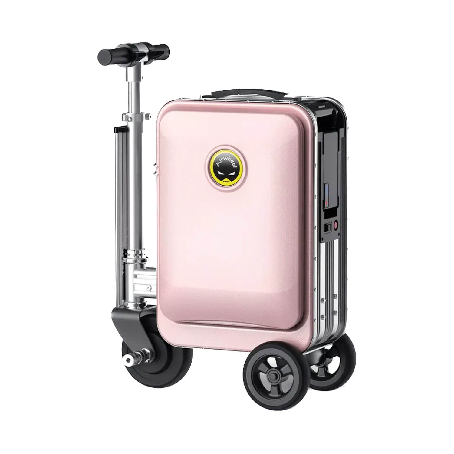 De AIRWHEELZ Airwheel SE3S – Elektrische Koffer is een berijdbare roze e-koffer met stuur en drie wielen, die lijkt op een compacte step. Deze innovatieve handbagage is voorzien van een rond logo aan de voorkant en een telescopische stuurstang, waardoor het de perfecte slimme, berijdbare koffer is voor moderne reizigers.