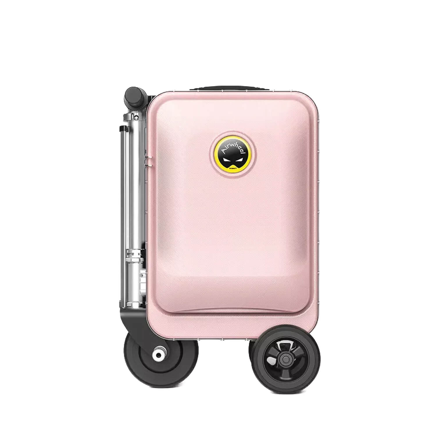 Zeker! Hier is een herschreven versie op basis van de door jou verstrekte productgegevens: Een compacte, roze harde koffer met twee grote zwarte wielen en een klein embleem aan de voorkant, ontworpen om op een berijdbare step te lijken – deze slimme koffer is de Airwheel SE3S Elektrische Koffer van AIRWHEELZ, die stijl en moderne mobiliteit naadloos combineert als innovatieve handbagage waarop je kunt rijden.