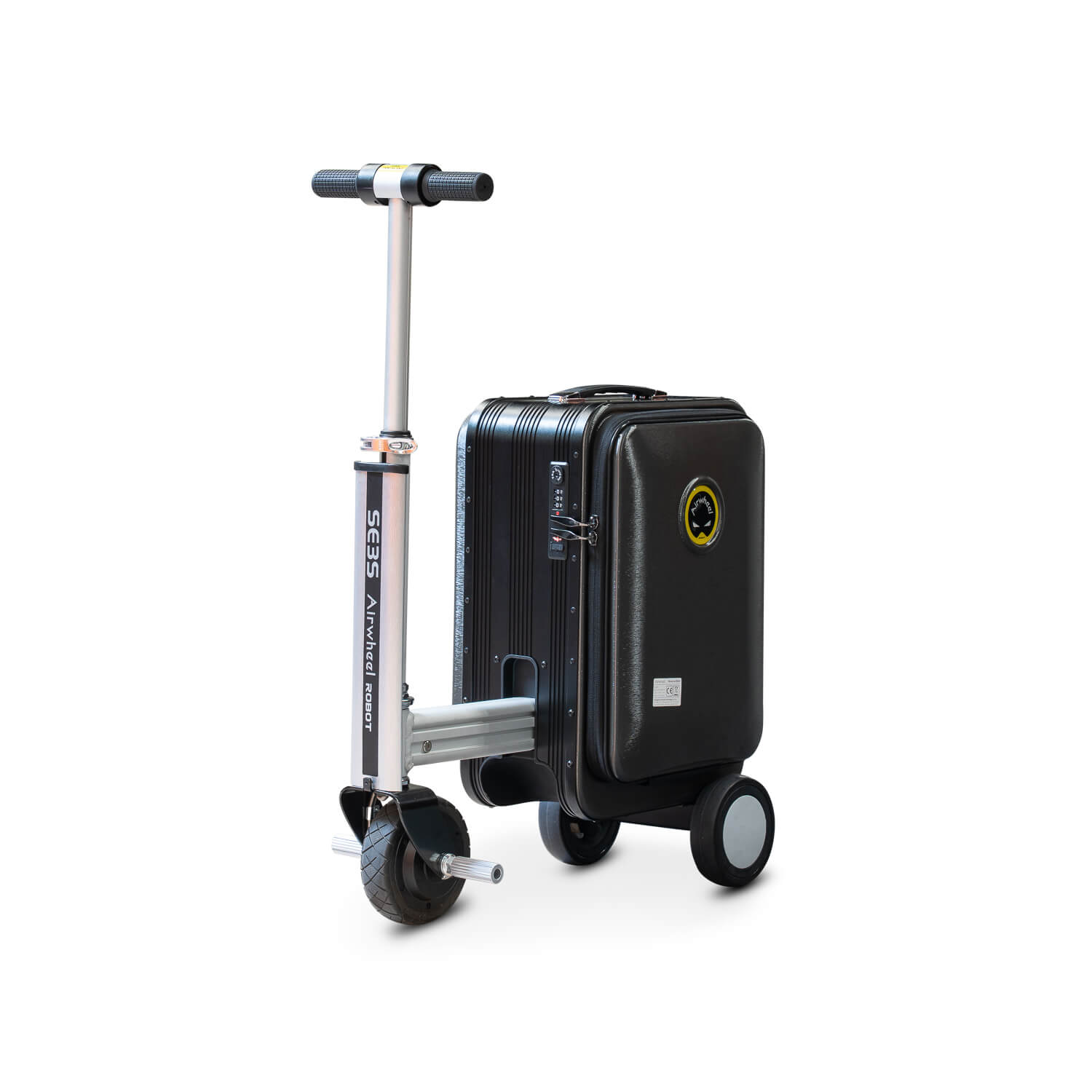 De AIRWHEELZ Airwheel SE3S – Elektrische koffer – Rijdbare koffer – Handbagage – E-koffer, een strakke zwarte koffer met wielen en een geïntegreerd stuur voor de elektrische step, is ontworpen voor slimme mobiliteit en gemakkelijk vervoer. De innovatieve slimme koffer wordt getoond tegen een witte achtergrond.