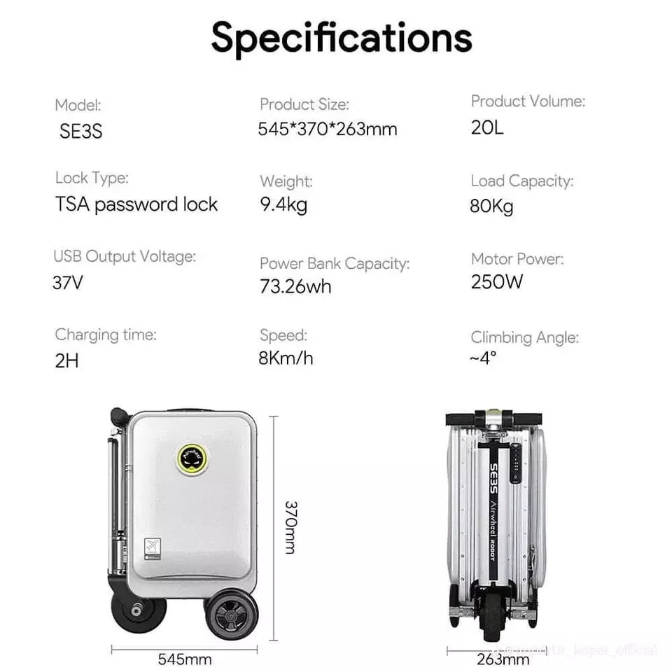Grafische productspecificaties voor de AIRWHEELZ Airwheel SE3S elektrische koffer, met afbeeldingen van de afmetingen, wielen en handgreep. Belangrijkste kenmerken zijn onder meer een inhoud van 20 liter, een gewicht van 9,4 kg, een accucapaciteit van 73,26 Wh, een krachtige motor van 250 W en een maximumsnelheid van 8 km/u. Dit maakt deze rijbare e-koffer van AIRWHEELZ tot een innovatieve en praktische keuze voor moderne reizigers die op zoek zijn naar handige oplossingen voor handbagage.