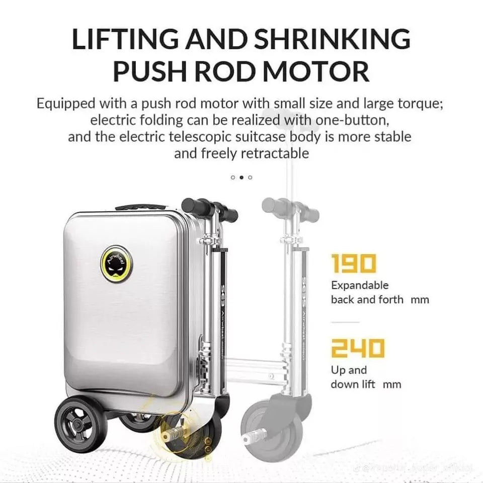 Er wordt een zilverkleurige AIRWHEELZ Airwheel SE3S elektrische koffer getoond – een bestuurbare e-koffer voor handbagage. De tekst benadrukt het ontwerp met pushrod-motor en de uitschuif- en hefafstand: 190 mm naar voren en naar achteren, 240 mm omhoog en omlaag. Deze elektrische stepkoffer is uitgerust met vier wielen en een telescopisch handvat.