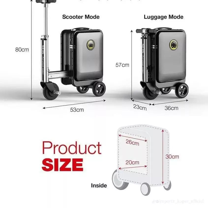 Schema van een AIRWHEELZ Airwheel SE3S – Elektrische koffer – Rijdbare koffer – Handbagage – E-koffer, die van een koffer in een rijdbare step verandert. Afmetingen: in scootermodus – 80 x 53 x 36 cm; in koffermodus – 57 x 36 x 23 cm; binnenafmetingen – 26 x 30 x 20 cm. Compleet met wielen, handvat en maatvermeldingen.