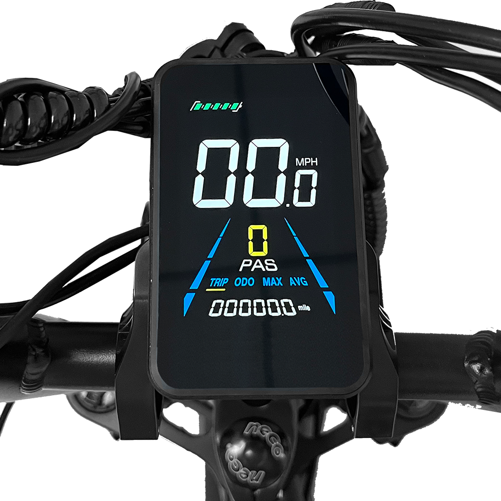 Op het stuur van de 7GO FATBIKE - EB2 SPECIAL EDITION - HYDRAULISCHE REMMEN geeft het digitale display de snelheid (0,0 MPH), het PAS-niveau (0) en de kilometerstand in mijlen weer. Zwarte kabels en het stuur omlijsten het scherm en benadrukken het strakke ontwerp van deze elektrische fatbike van 7GO.