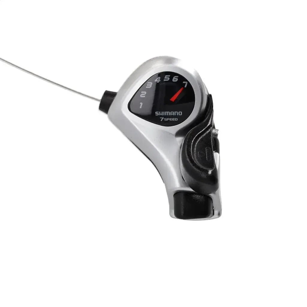 Een QMWHEEL/OUXI-versnellingshendel met 7 versnellingen, voorzien van een zichtbare kabel en genummerde indicator, afgebeeld tegen een witte achtergrond — ideaal als vervangingsonderdeel voor OUXI - QMWHEEL - VERSNELLING of om de versnelling van je fatbike te upgraden.