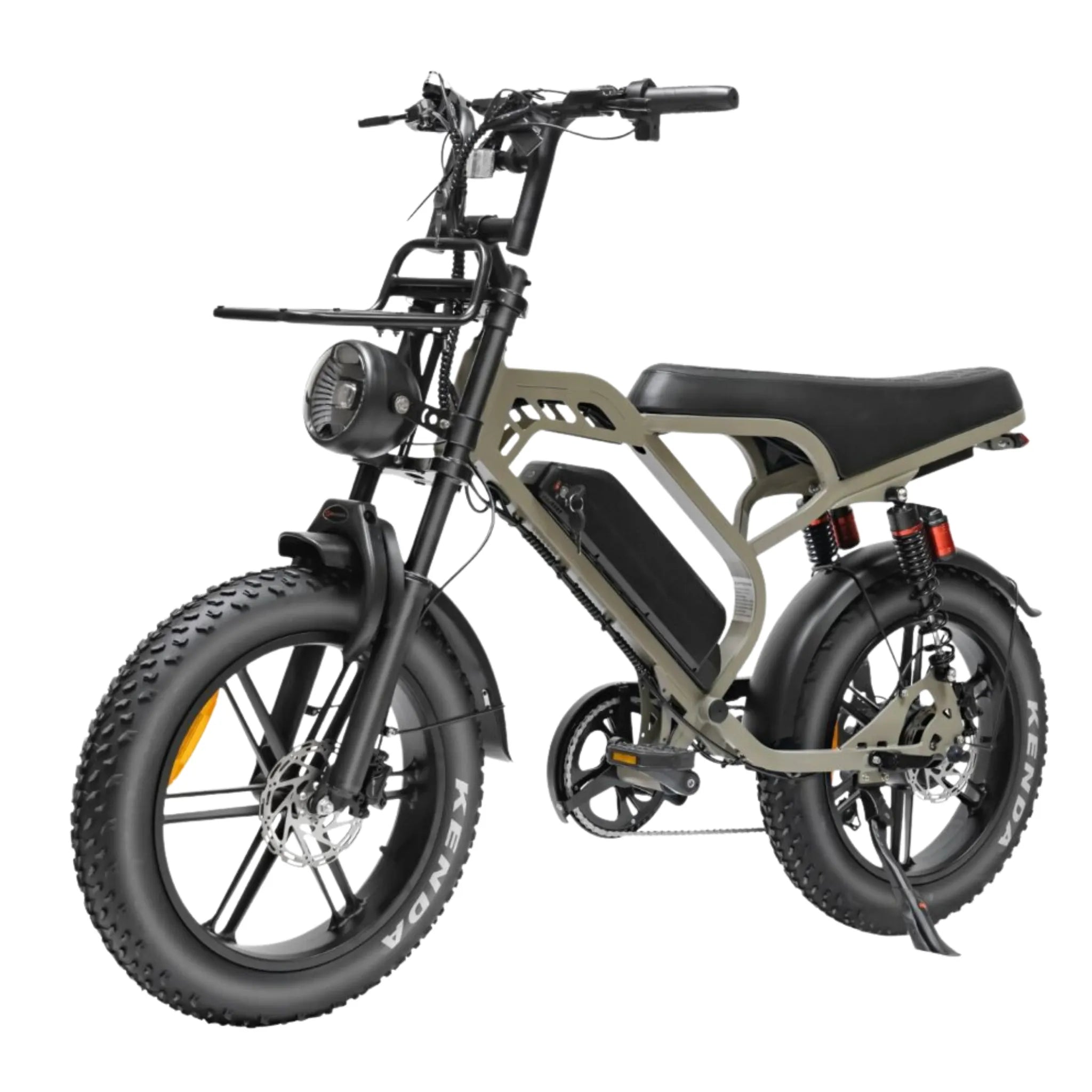Maak kennis met de QMWHEEL FATBIKE V20 LIMITED – MODEL 2026 - ALARM: een robuuste elektrische fatbike uitgerust met brede fatbanden, een krachtige motor van 250 W, een heldere koplamp, een handig bagagerek achterop en een opvallend geïntegreerde accu die in het frame is gemonteerd. Dit model biedt een indrukwekkend actieradius van maximaal 80 km en staat stevig op zijn standaard.