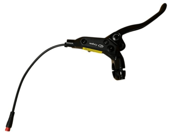 Een zwarte LOGAN - REMHENDEL RECHTS - HYDRAULISCH - ORIGINEEL van QMWHEEL of OUXI, ontworpen voor fietsen en voorzien van een bevestigde kabel met geïntegreerde remsensor, is afgebeeld tegen een witte achtergrond — een ideale upgrade als fatbike-remhendel.