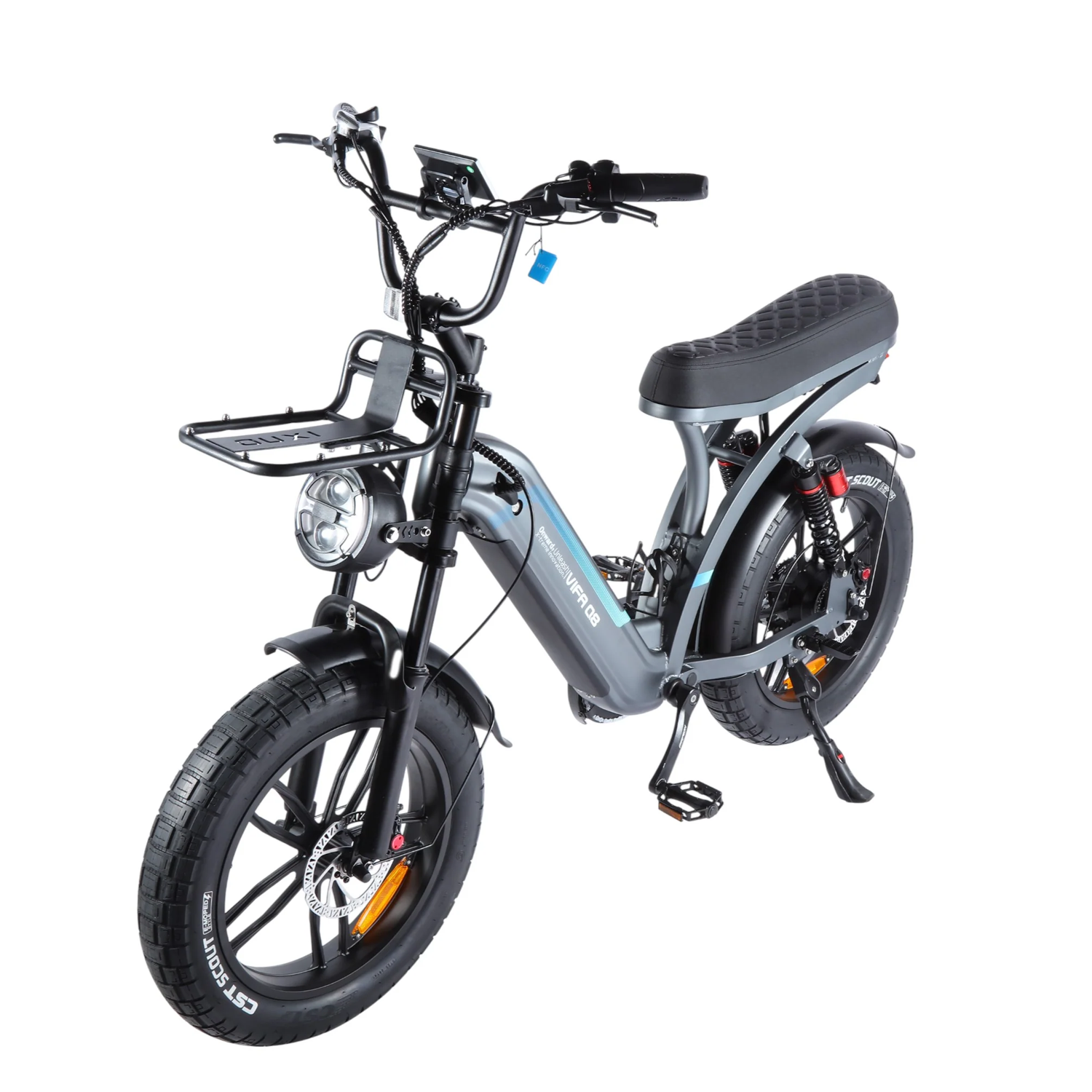 De OUXI FATBIKE Q8 – MODEL 2026, uitgerust met een motor van 250 W, brede fatbanden, hydraulische remmen, een koplamp, een bagagedrager aan de voorkant, een alarmsysteem en een bekleed zadel, wordt schuin op een witte achtergrond afgebeeld.