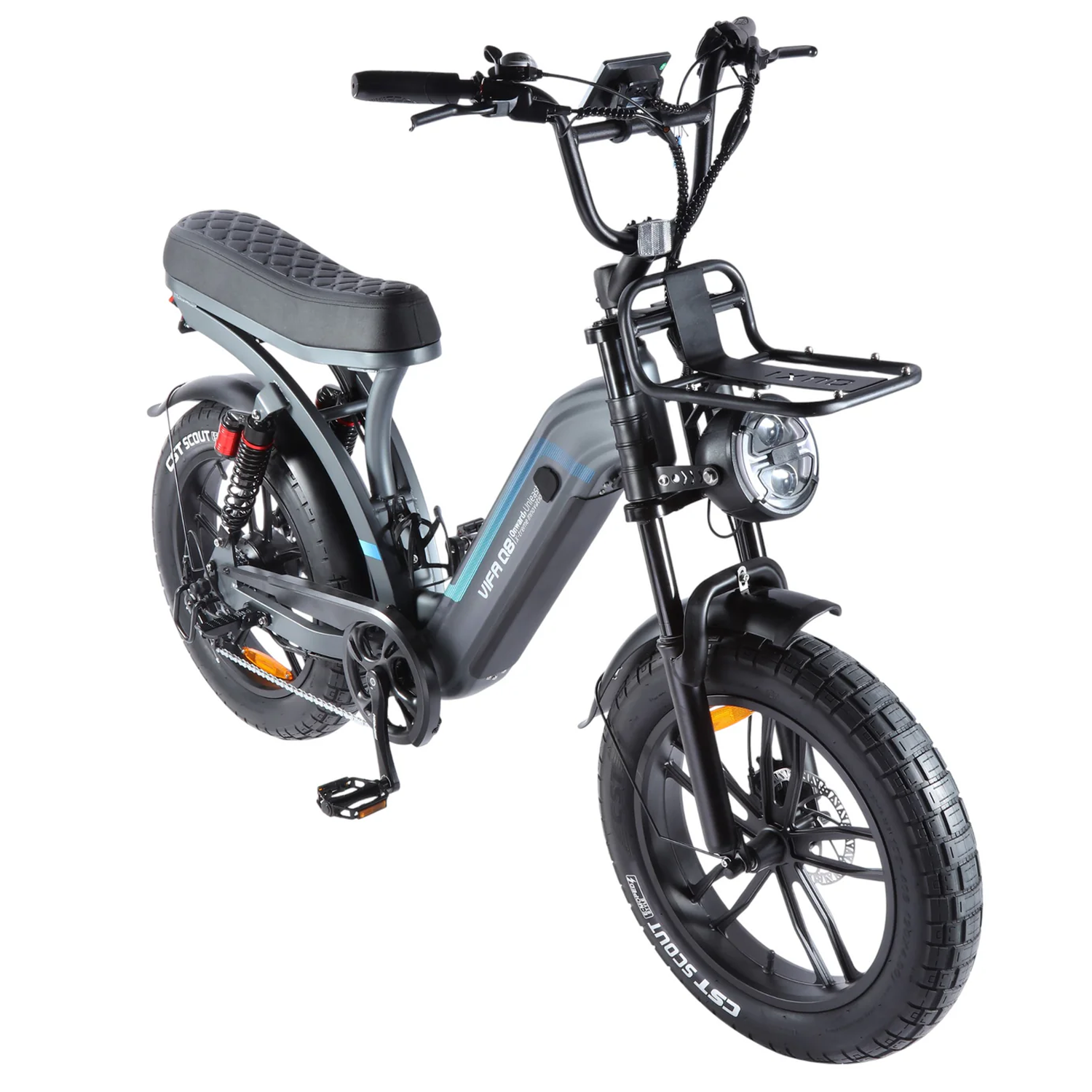 Een zwarte OUXI FATBIKE Q8 – MODEL 2026 met dikke banden, een gewatteerd zadel, een koplamp, een stuur met display en een bagagedrager aan de voorkant wordt getoond tegen een witte achtergrond. Dit model van OUXI is voorzien van hydraulische remmen, een alarmsysteem en een krachtige motor van 250 W voor soepele en efficiënte ritten.
