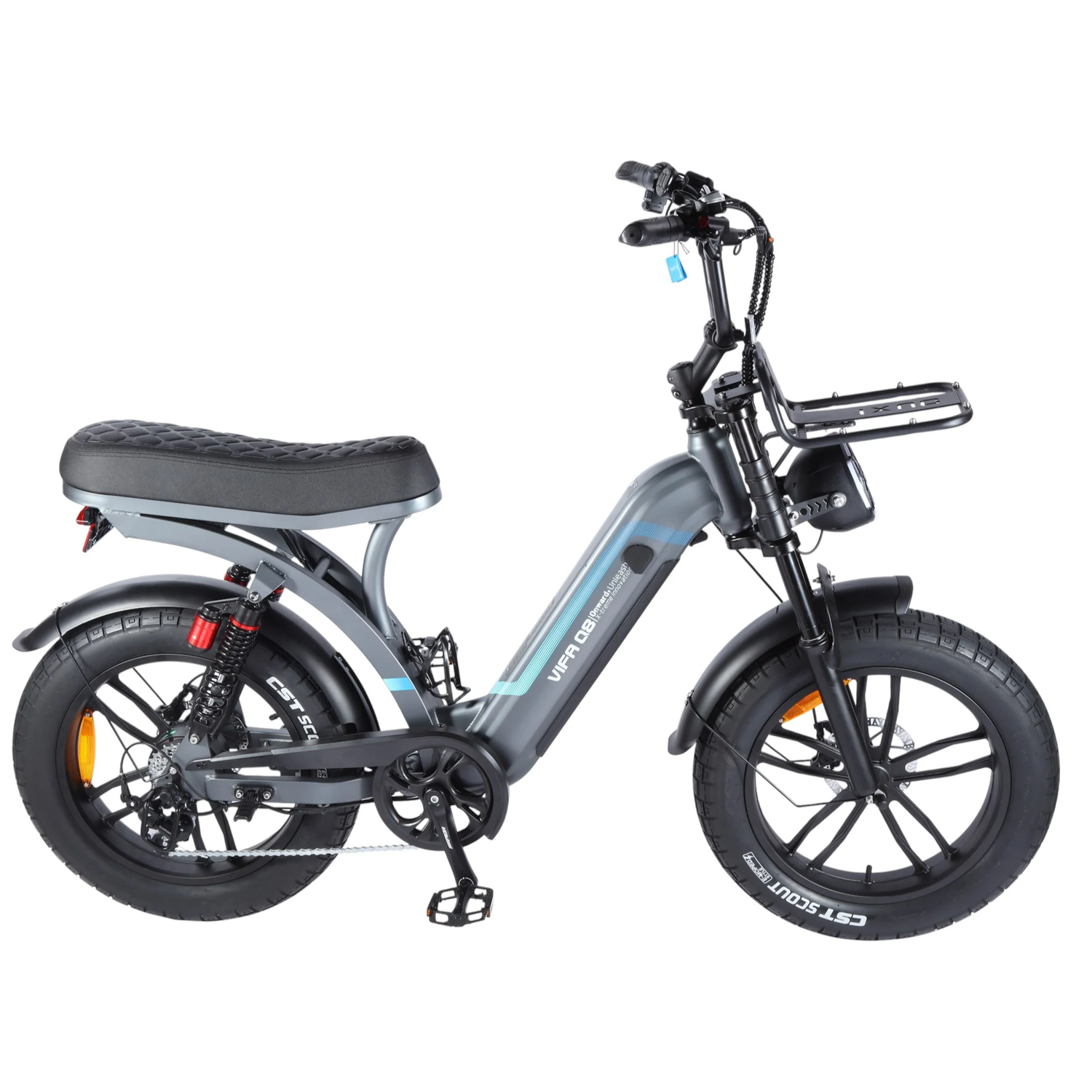 De OUXI FATBIKE Q8 – MODEL 2026, een elektrische fatbike met zwart frame, is vanaf de zijkant afgebeeld tegen een witte achtergrond. Deze fiets is voorzien van dikke banden, een recht stuur, een gewatteerd zadel en een bagagedrager aan de voorkant. De duidelijk zichtbare pedalen en ketting benadrukken het robuuste ontwerp, terwijl een krachtige motor van 250 W dit OUXI-model aandrijft, dat is uitgerust met hydraulische remmen en een geïntegreerd alarmsysteem.