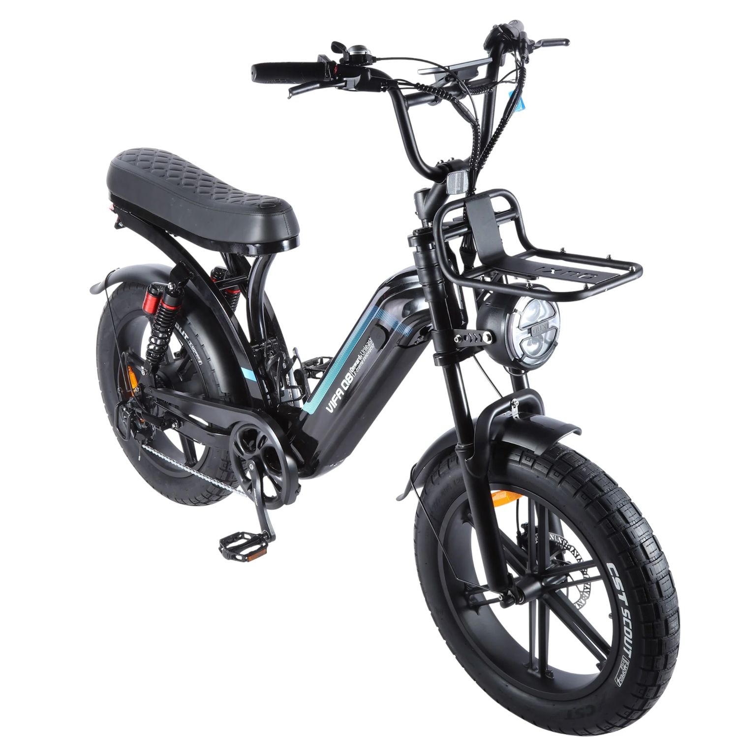 Een zwarte OUXI FATBIKE Q8 – MODEL 2026 met dikke banden, een bagagedrager achterop, een mandhouder voorop en een koplamp staat schuin opgesteld tegen een witte achtergrond.
