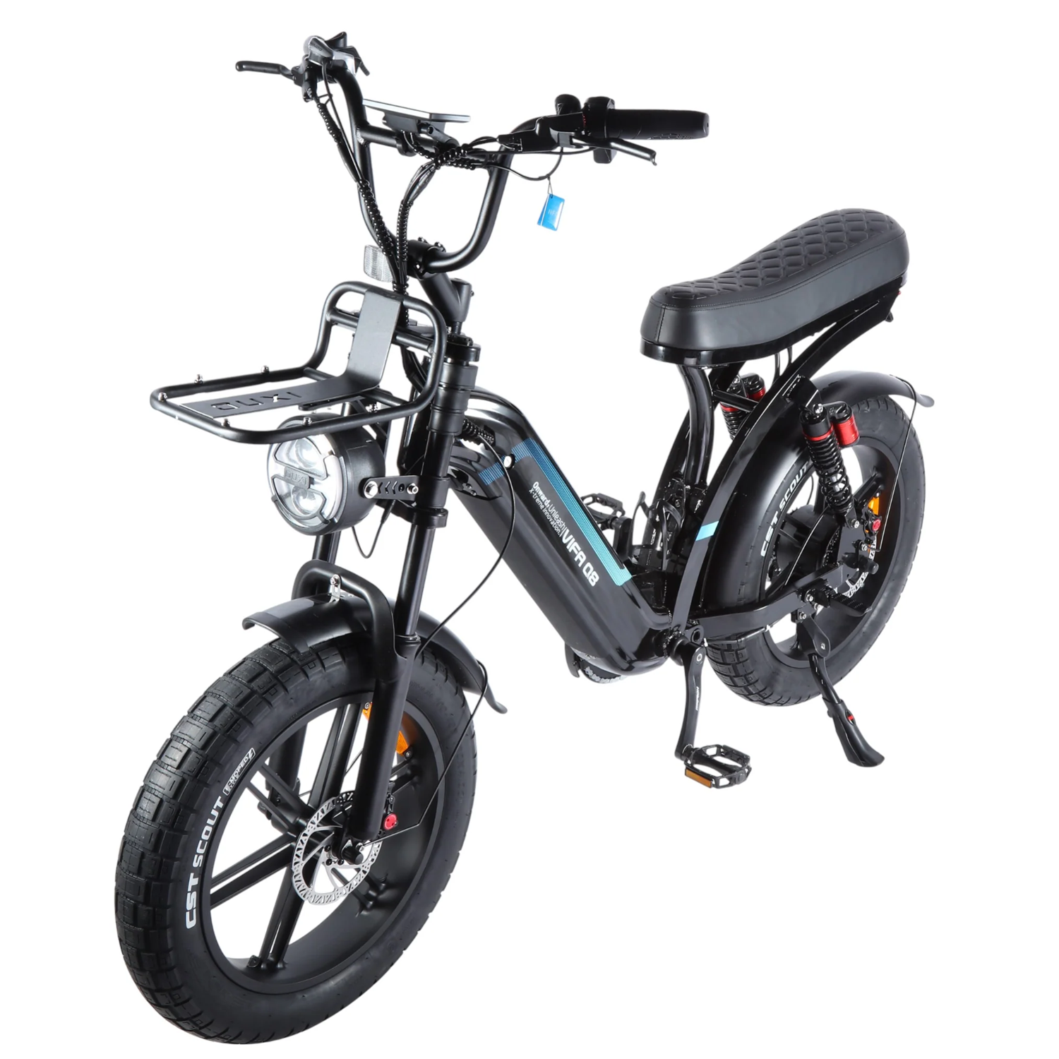Een zwarte FATBIKE OUXI Q8 – MODEL 2026 met hydraulische remmen, alarmsysteem, dikke banden, een geveerd zadel, een voorvork met vering, een bagagedrager achter, een koplamp en pedalen – uitgerust met een motor van 250 W van het merk OUXI – staat tentoongesteld tegen een witte achtergrond.