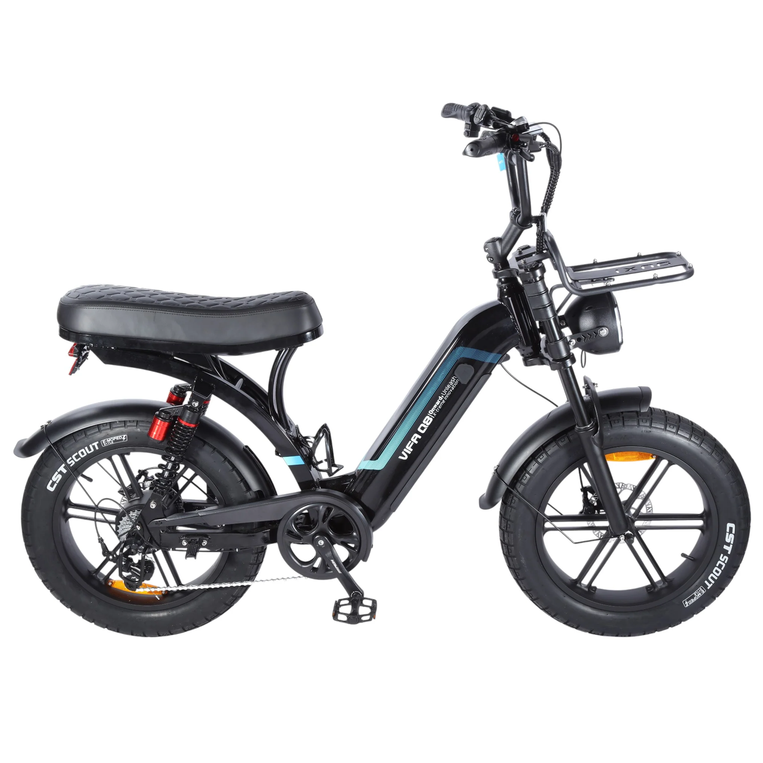 De FATBIKE OUXI Q8 – MODEL 2026 van OUXI is een zwarte elektrische fatbike, uitgerust met dikke banden, een robuuste motor van 250 W, een koplamp, achtervering en een groot, gewatteerd zadel. Daarnaast is hij voorzien van hydraulische remmen, een alarmsysteem, een bagagerek voorop en een zichtbaar versnellingssysteem op het achterwiel.
