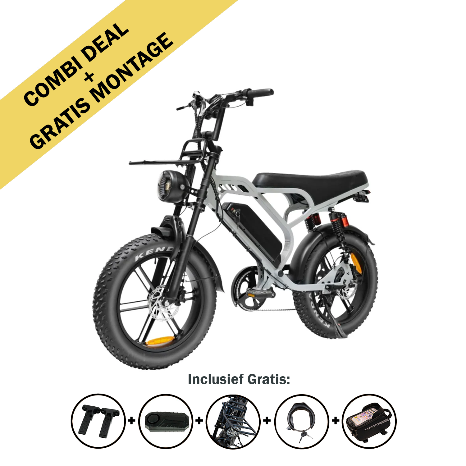 Een QMWHEEL FATBIKE V20 LIMITED – MODEL 2026 – ALARM met dikke banden staat schuin tentoongesteld, waardoor de kracht van deze elektrische fatbike met een krachtige motor van 250 W extra goed tot zijn recht komt. Op een gele banner staat: COMBI-AANBIEDING GRATIS MONTAGE. De pictogrammen eronder tonen de meegeleverde accessoires: handvatten, kabelslot, telefoonhouder en een gereedschapsset. Geniet tijdens je tochten van een actieradius tot wel 80 km.