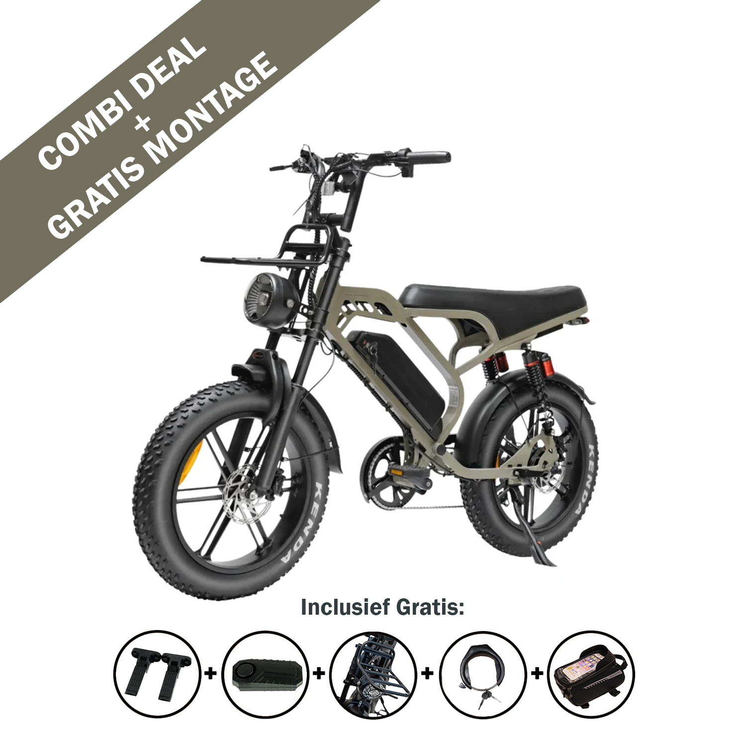 De QMWHEEL FATBIKE V20 LIMITED – MODEL 2026 – ALARM, een krachtige elektrische fatbike met dikke banden, staat tentoongesteld op een standaard. Hij is uitgerust met een krachtige motor van 250 W en heeft een indrukwekkend actieradius van 80 km. Linksboven staat op een banner: „COMBI-AANBIEDING + GRATIS MONTAGE“. Onderaan worden gratis accessoires getoond, waaronder handvatten, een slot, een telefoonhouder en een zadeltas.
