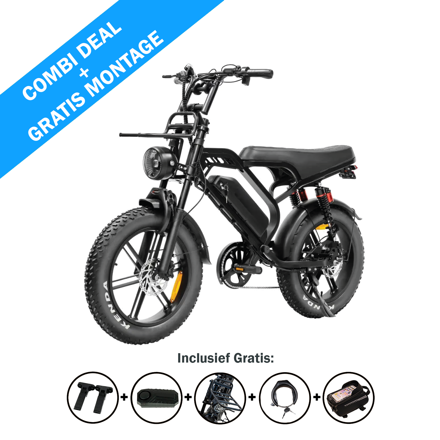 De zwarte QMWHEEL FATBIKE V20 LIMITED – MODEL 2026 – ALARM is voorzien van dikke banden, een krachtige motor van 250 W, een felle koplamp en een comfortabel achterzitje. Op een blauwe banner staat „COMBI-AANBIEDING, GRATIS MONTAGE“. Pictogrammen eronder geven de gratis accessoires weer: handvatten, telefoonhouder, fietsslot en tas. Geniet bij elke rit van een indrukwekkend actieradius van maximaal 80 km.