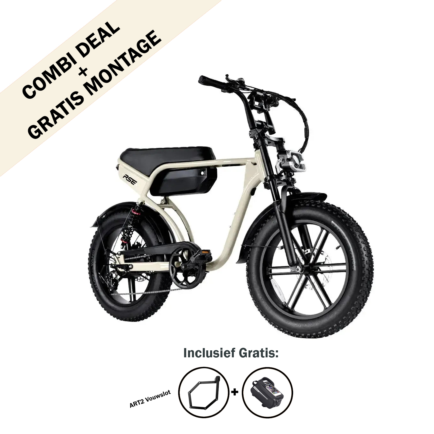 Er wordt een beige 7GO FATBIKE - RSE SPECIAL EDITION (model 2026) met dikke banden getoond. De tekst luidt: COMBI-AANBIEDING + GRATIS MONTAGE. Daaronder geven pictogrammen aan dat er een gratis ART2-slot en een acculader bij worden geleverd, waarmee de krachtige ondersteuning van de 7GO Fatbike met ingebouwd alarm wordt benadrukt.