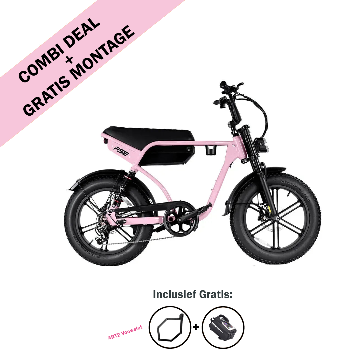 Roze elektrische fatbike van 7GO, model FATBIKE - 7GO - RSE SPECIAL EDITION - MODEL 2026 - ALARM, met een zwart zadel, brede banden en meegeleverde accessoires (zoals een fietsslot en oplader), zoals hieronder afgebeeld. Deze speciale editie biedt krachtige ondersteuning tijdens het fietsen. Op een roze banner staat COMBI DEAL + GRATIS MONTAGE vermeld. Onder de afbeeldingen staat: Inclusief gratis.