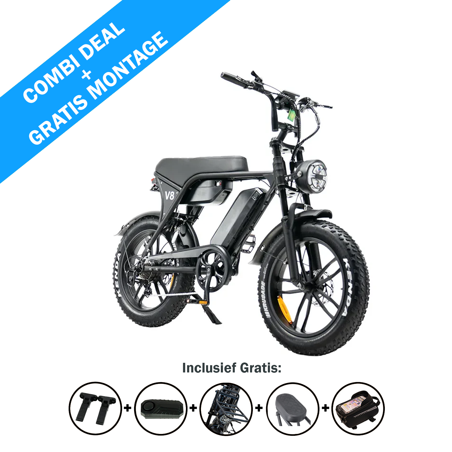 De OUXI FATBIKE V8 (C80) MAX – MODEL 2026 is een zwarte elektrische fiets met dikke banden en dubbele accu’s voor een groter bereik. Op een blauwe banner staat „COMBI-DEAL GRATIS MONTAGE”. Pictogrammen eronder geven aan welke gratis accessoires zijn inbegrepen: telefoonhouder, slot, spiegel, bagagedrager en gereedschapsset. De fiets is van het merk OUXI en beschikt over een motor van 250 W, een alarmsysteem en hydraulische remmen. Afgebeeld op een witte achtergrond.