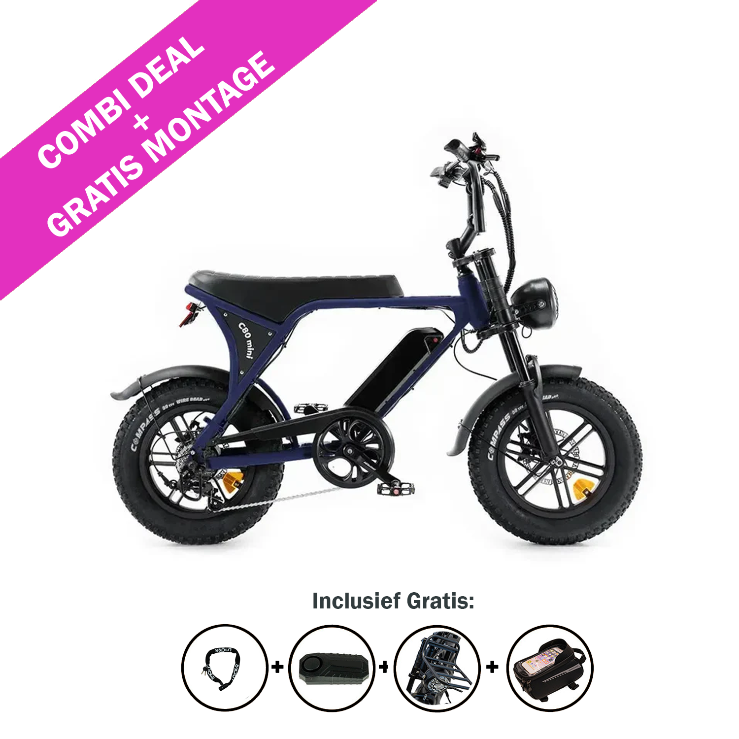 De OUXI FATBIKE C80 MINI in blauw – model 2026 – heeft een robuust zwart frame, dikke banden en hydraulische remmen, hier afgebeeld in profiel. Deze compacte fatbike is ontworpen voor zowel stijl als prestaties tijdens ritten door de stad. Op een roze banner staat „COMBI DEAL + GRATIS MONTAGE“. Daaronder geven pictogrammen de gratis meegeleverde accessoires aan: een slot, een zadelhoes en een opbergtas.