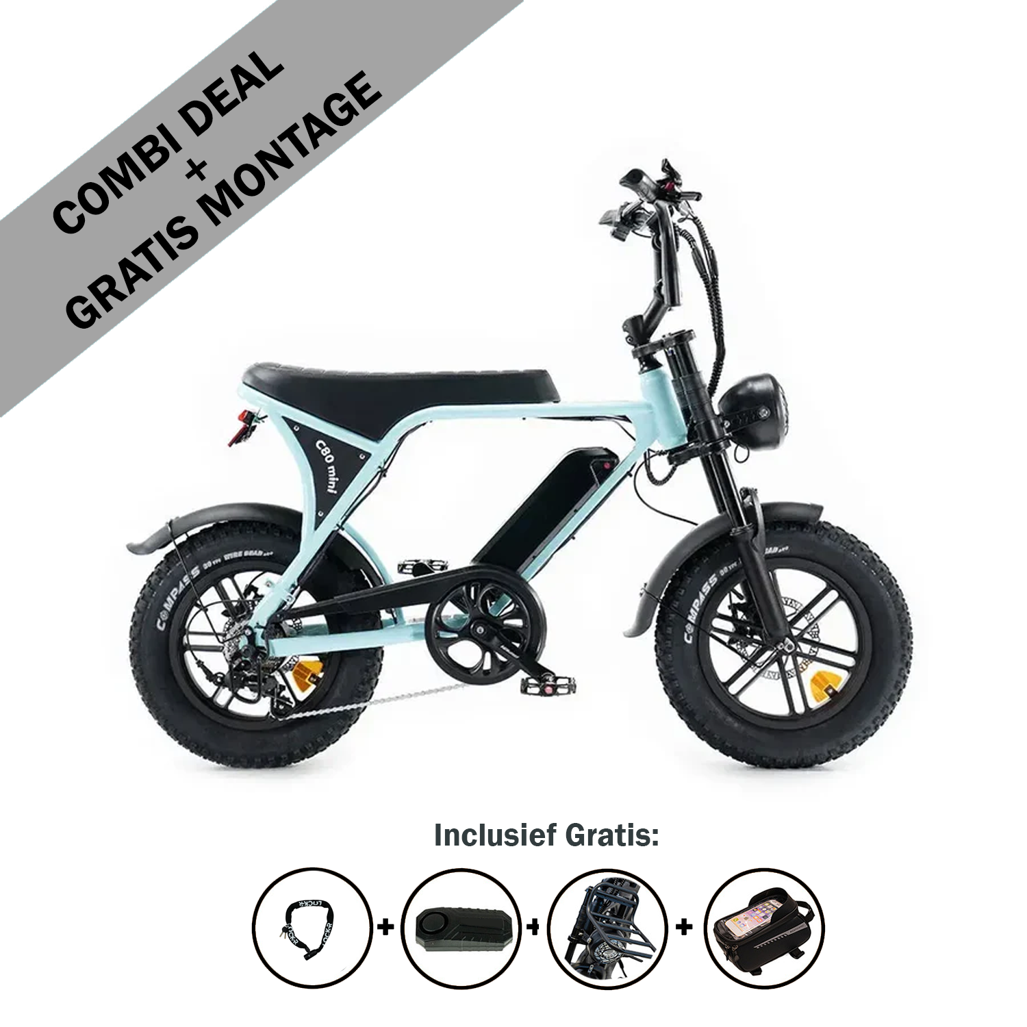 Er wordt een zijaanzicht getoond van de OUXI FATBIKE C80 MINI in lichtblauw (model 2026), met dikke banden. De tekst boven de afbeelding luidt: „COMBI-AANBIEDING + GRATIS MONTAGE”. Daaronder tonen pictogrammen de gratis meegeleverde accessoires: een slot, een zadelhoes, een rugzak en een draagbare pomp. Deze compacte e-bike van OUXI is voorzien van een krachtige motor van 250 W voor moeiteloos fietsen en is uitgerust met hydraulische remmen en een alarmsysteem.