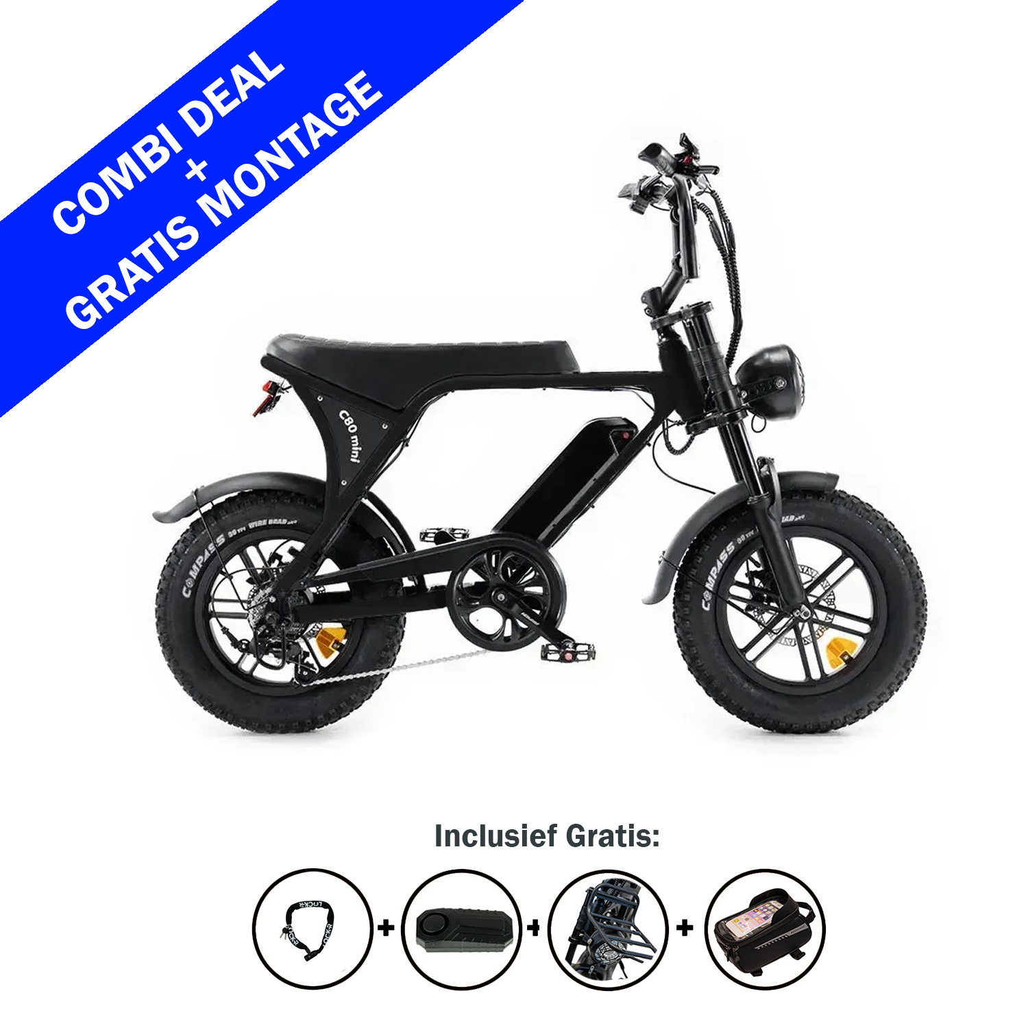 OUXI FATBIKE OUXI C80 MINI - ZWART – MODEL 2026, elektrische fatbike met dikke banden tegen een witte achtergrond. Op de blauwe banner staat COMBI DEAL + GRATIS MONTAGE. Daaronder geven pictogrammen de gratis meegeleverde accessoires aan: helm, slot, tas en stuurtas. Deze stijlvolle e-bike van OUXI is uitgerust met een krachtige 250W-motor, hydraulische remmen en een ingebouwd alarm voor moeiteloze én veilige ritten.