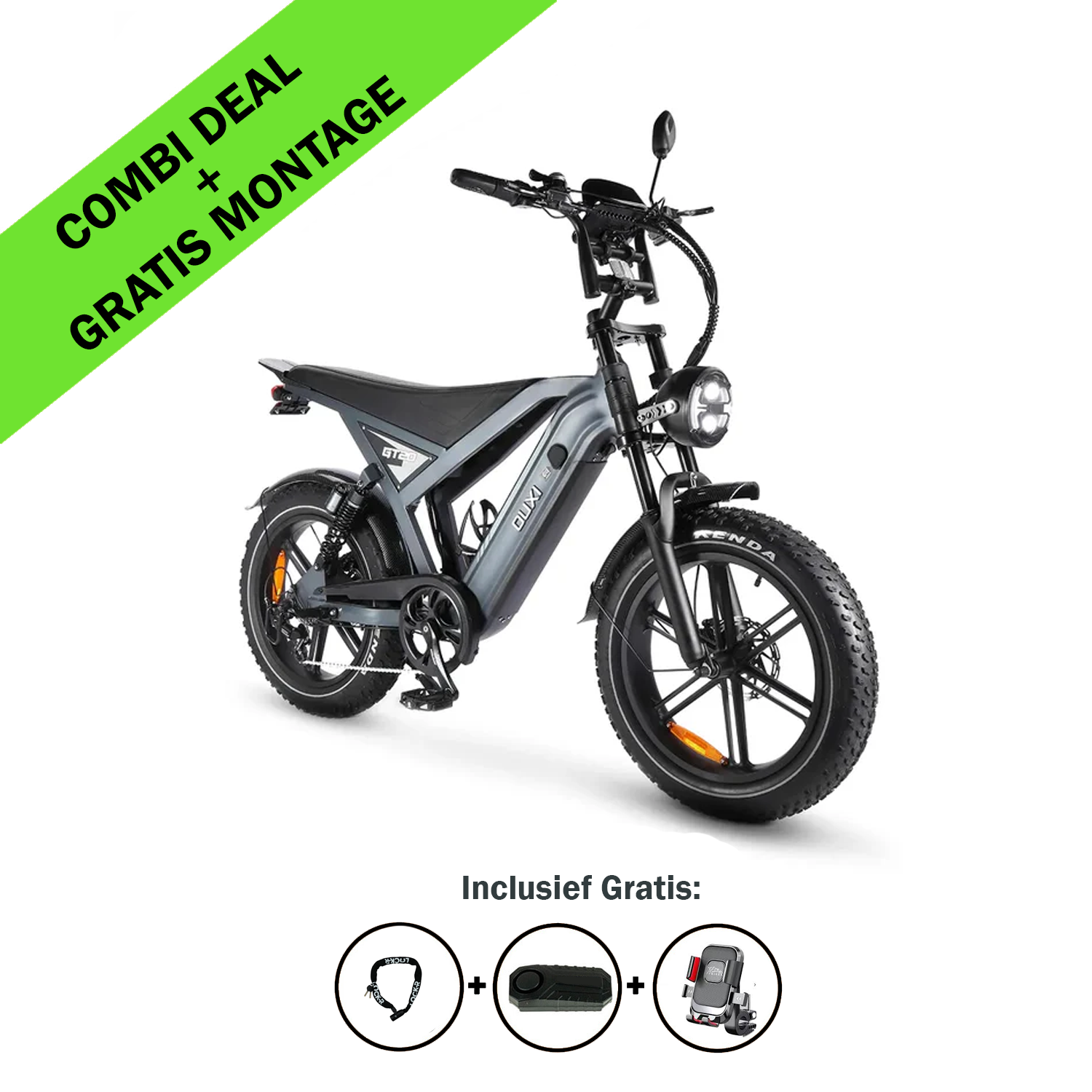 FATBIKE OUXI GT20 – MODEL 2026 afgebeeld op een witte achtergrond met koplamp, met het opschrift COMBI-AANBIEDING + GRATIS MONTAGE. Daaronder geven pictogrammen de gratis meegeleverde artikelen weer: helm, slot en acculader. De OUXI GT20 elektrische fatbike van OUXI is voorzien van dikke banden, hydraulische remmen, een alarmsysteem en een modern ontwerp, waardoor het een uitstekende keuze is voor 2026.