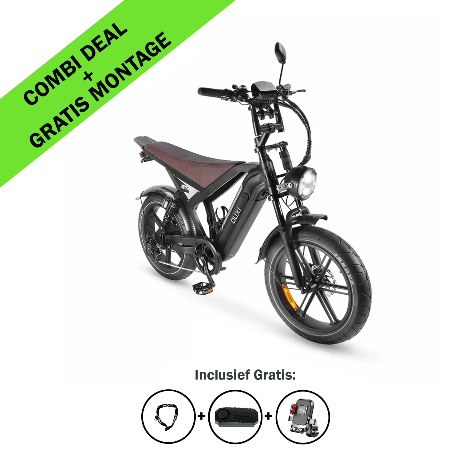 De OUXI FATBIKE GT20 – MODEL 2026 met een bruin zadel wordt getoond tegen een witte achtergrond. Op een groene banner staat „COMBI-AANBIEDING + GRATIS MONTAGE”. Pictogrammen eronder geven de meegeleverde accessoires aan: slot (fietsslot), handvatten (handvatten) en tas (tas). Deze elektrische fatbike met hydraulische remmen en alarm van OUXI is perfect voor zowel dagelijks gebruik als avontuurlijke tochten.